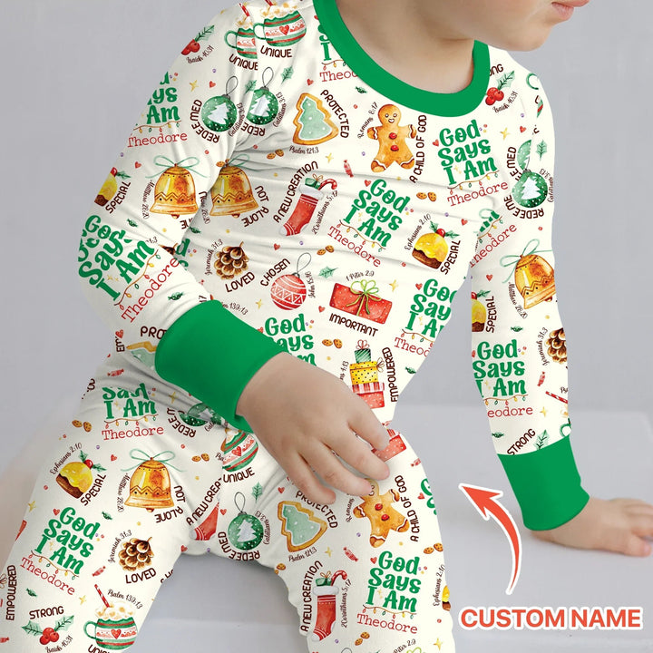 God Says I Am Custom Name Joyful Christmas Two Piece Long Sleeve Pajama Set , God Says I Am Custom Name Joyful Christmas Two Piece Long Sleeve Pajama Set - 12-18M