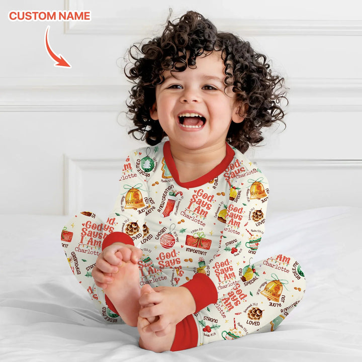 God Says I Am Custom Name Joyful Christmas Two Piece Long Sleeve Pajama Set , God Says I Am Custom Name Joyful Christmas Two Piece Long Sleeve Pajama Set - 12-18M