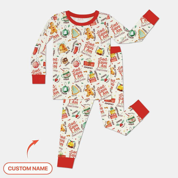God Says I Am Custom Name Joyful Christmas Two Piece Long Sleeve Pajama Set , God Says I Am Custom Name Joyful Christmas Two Piece Long Sleeve Pajama Set - 12-18M