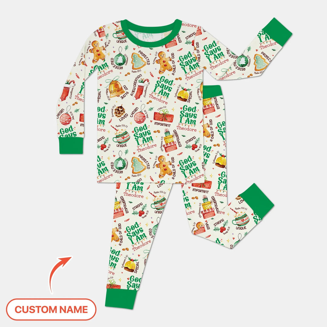 God Says I Am Custom Name Joyful Christmas Two Piece Long Sleeve Pajama Set , God Says I Am Custom Name Joyful Christmas Two Piece Long Sleeve Pajama Set - 12-18M