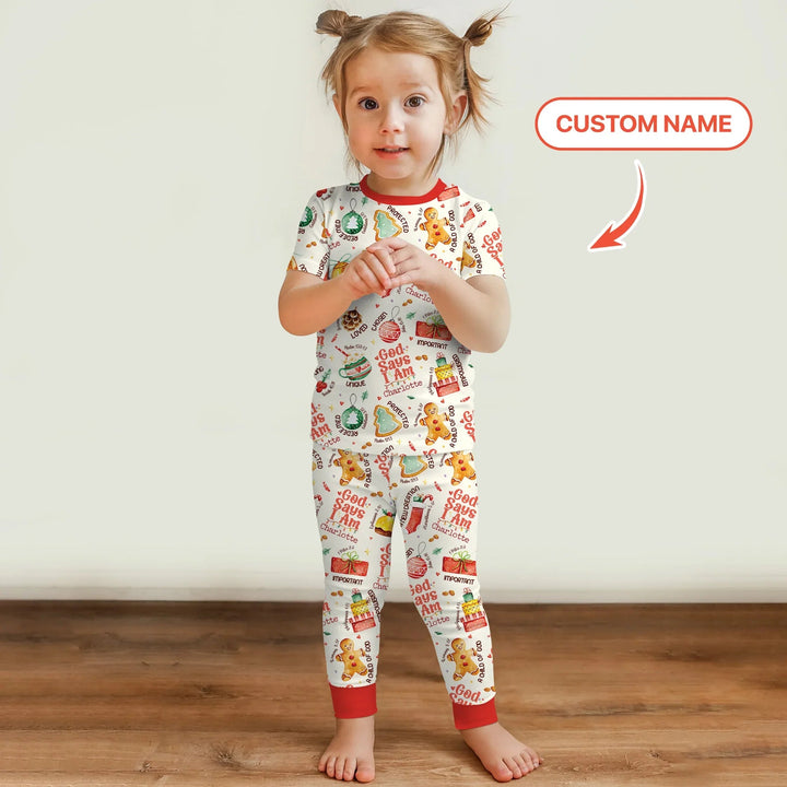 God Says I Am Custom Name Joyful Christmas Two Piece Short Sleeve Pajama Set , God Says I Am Custom Name Joyful Christmas Two Piece Short Sleeve Pajama Set - 12-18M
