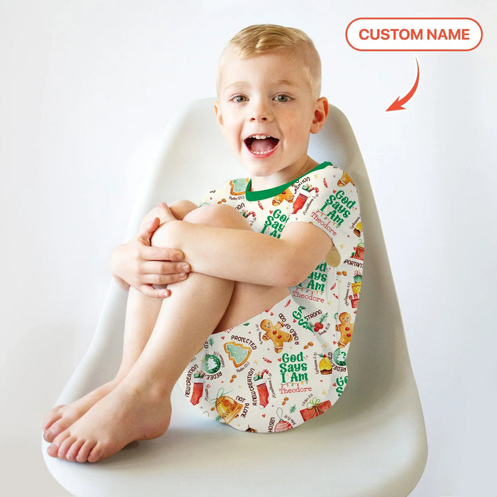 God Says I Am Custom Name Joyful Christmas Two Piece Short Sleeve Shorts Pajama Set , God Says I Am Custom Name Joyful Christmas Two Piece Short Sleeve Shorts Pajama Set - 12-18M