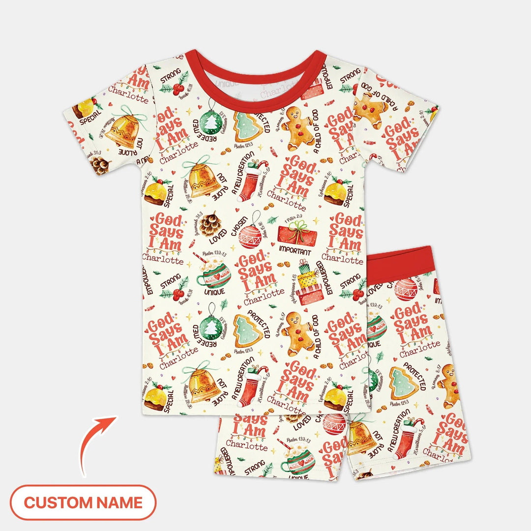 God Says I Am Custom Name Joyful Christmas Two Piece Short Sleeve Shorts Pajama Set , God Says I Am Custom Name Joyful Christmas Two Piece Short Sleeve Shorts Pajama Set - 12-18M