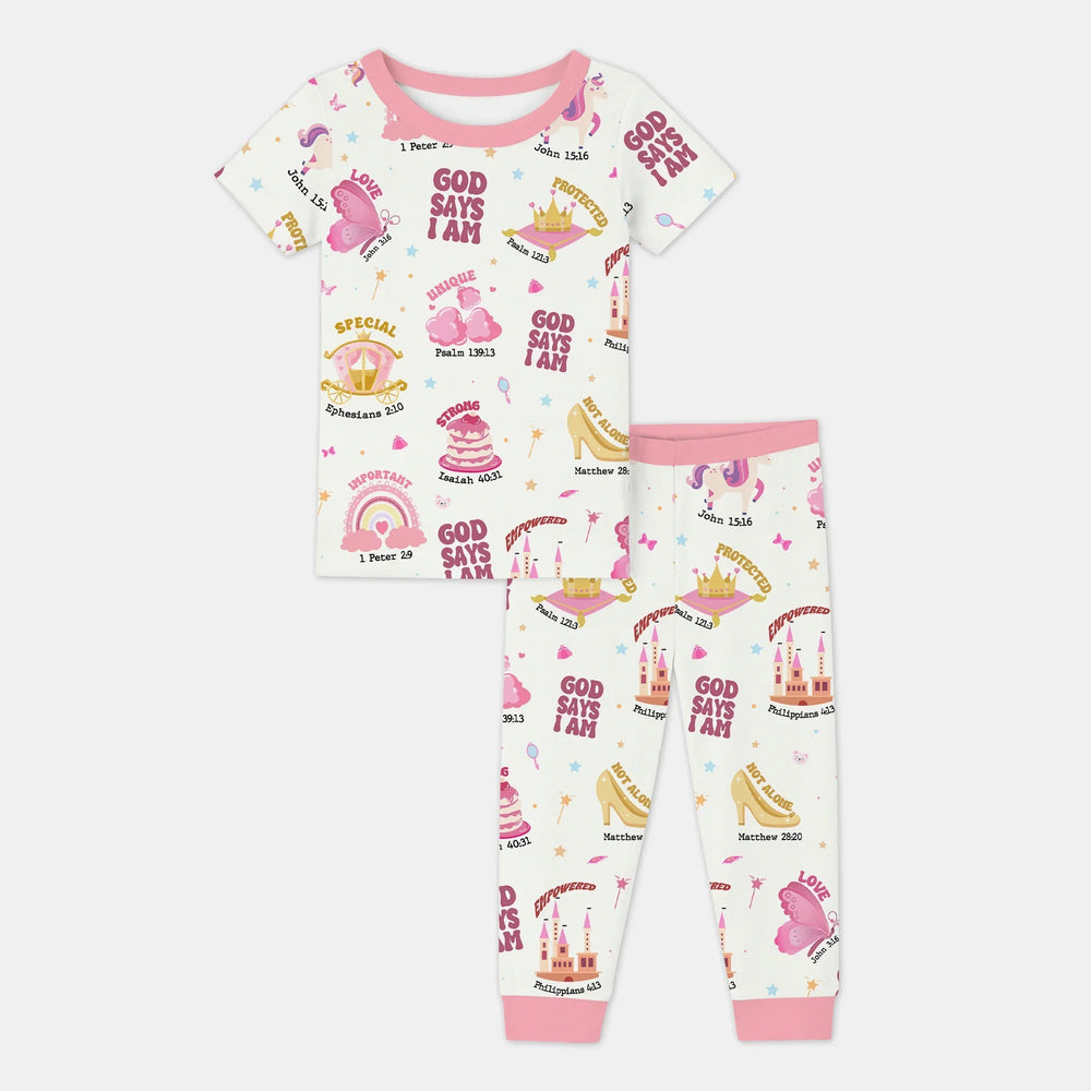 God Says I Am Girl Two Piece Short Sleeve Pajama Set , God Says I Am Girl Two Piece Short Sleeve Pajama Set - 12-18M / White