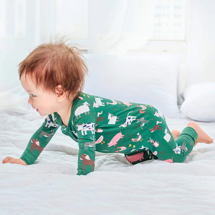 Green Farm Animals Convertible Zippered Romper - Zumbamboo