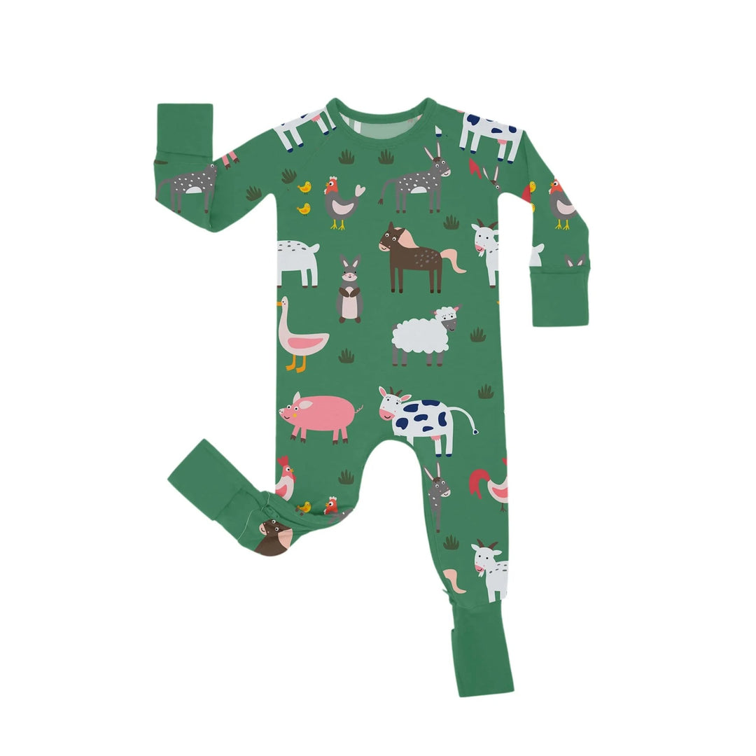 Green Farm Animals Crescent Zippered Romper - Zumbamboo
