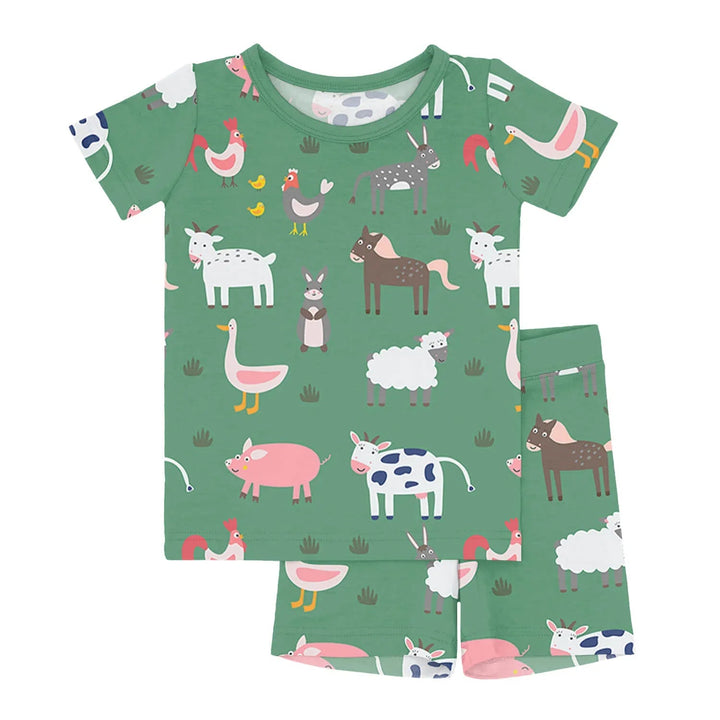 Green Farm Animals Two Piece Short Sleeve Shorts Pajama Set - Zumbamboo