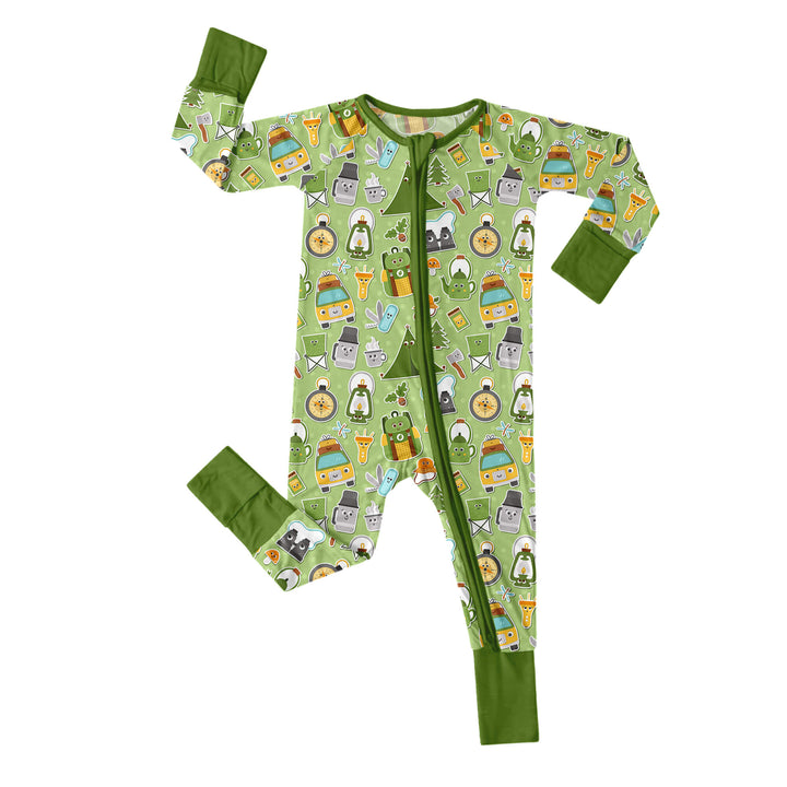 Green Camping Convertible Zippered Romper