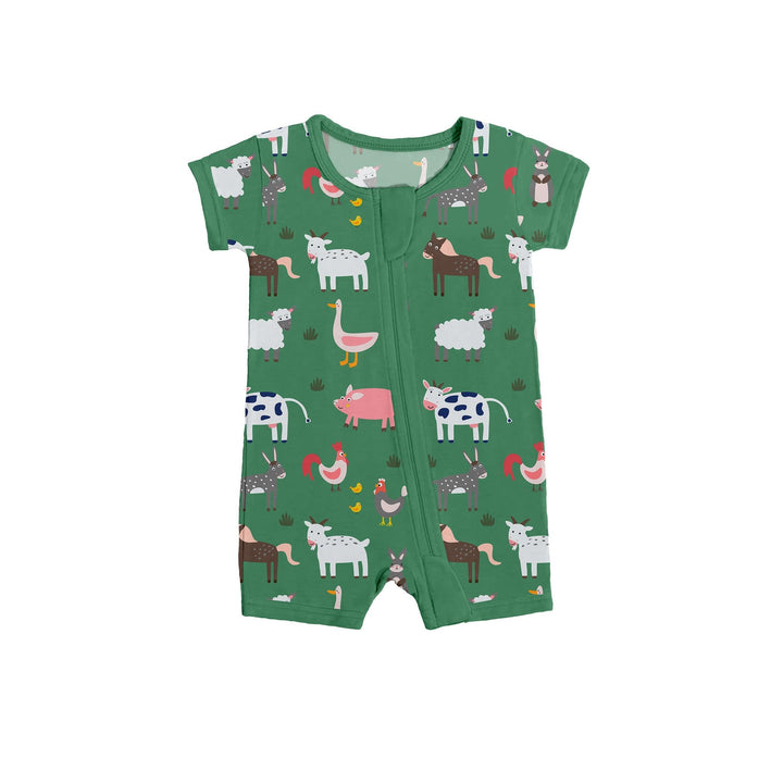 Green Farm Animals Shorty Zippered Romper