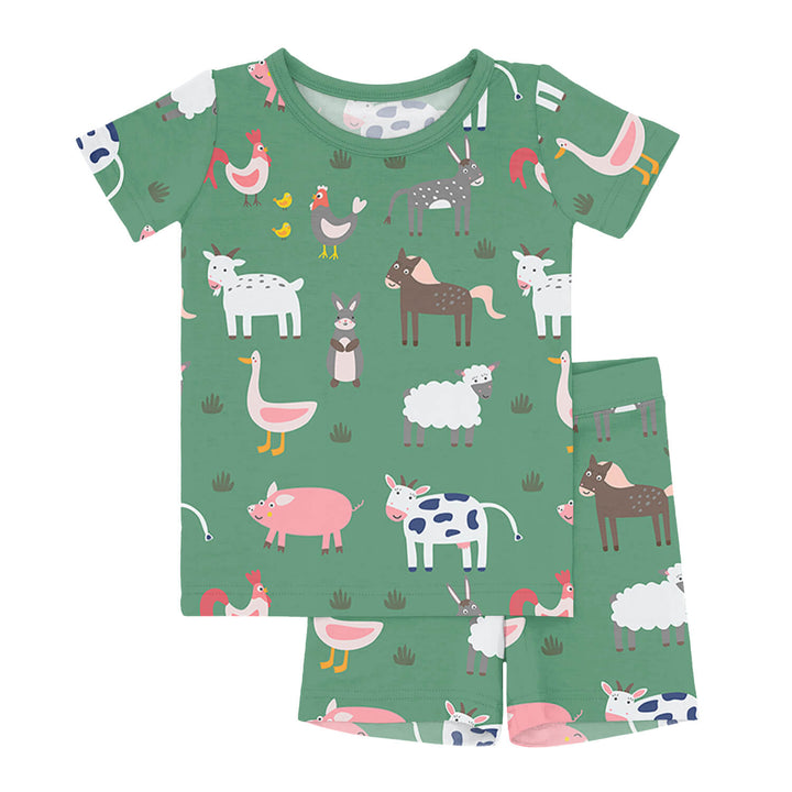 Green Farm Animals Two Piece Short Sleeve Shorts Pajama Set