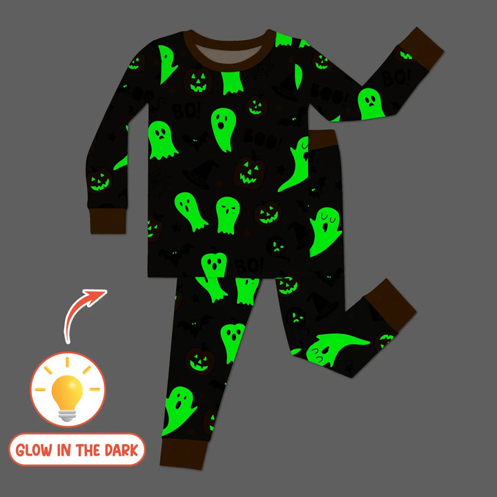 Halloween Boo & Pumpkin Glow In The Dark Two Piece Long Sleeve Pajama Set - Zumbamboo