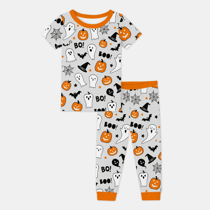 Halloween Boo & Pumpkin Glow In The Dark Two Piece Short Sleeve Pajama Set - Zumbamboo