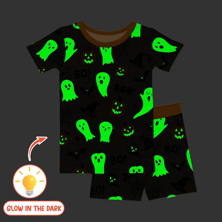 Halloween Boo & Pumpkin Glow In The Dark Two Piece Short Sleeve Shorts Pajama Set - Zumbamboo