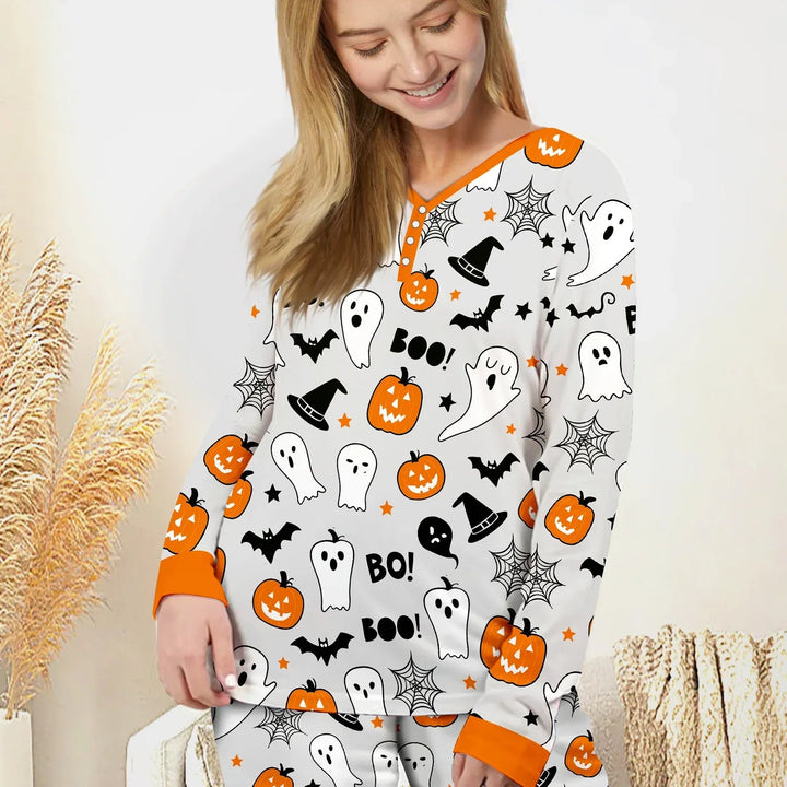 Halloween Boo & Pumpkin Glow In The Dark Women Pajama Set - Zumbamboo