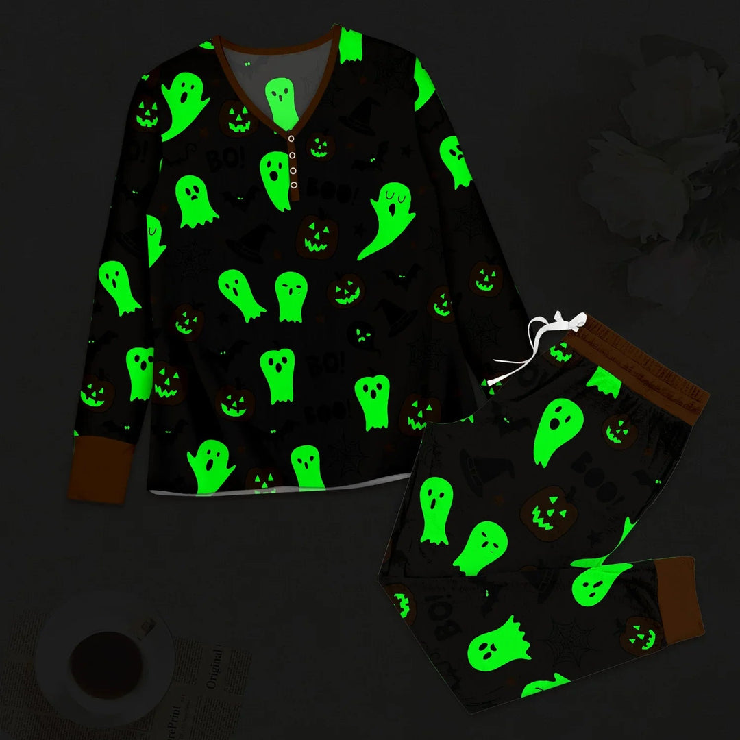 Halloween Boo & Pumpkin Glow In The Dark Women Pajama Set - Zumbamboo