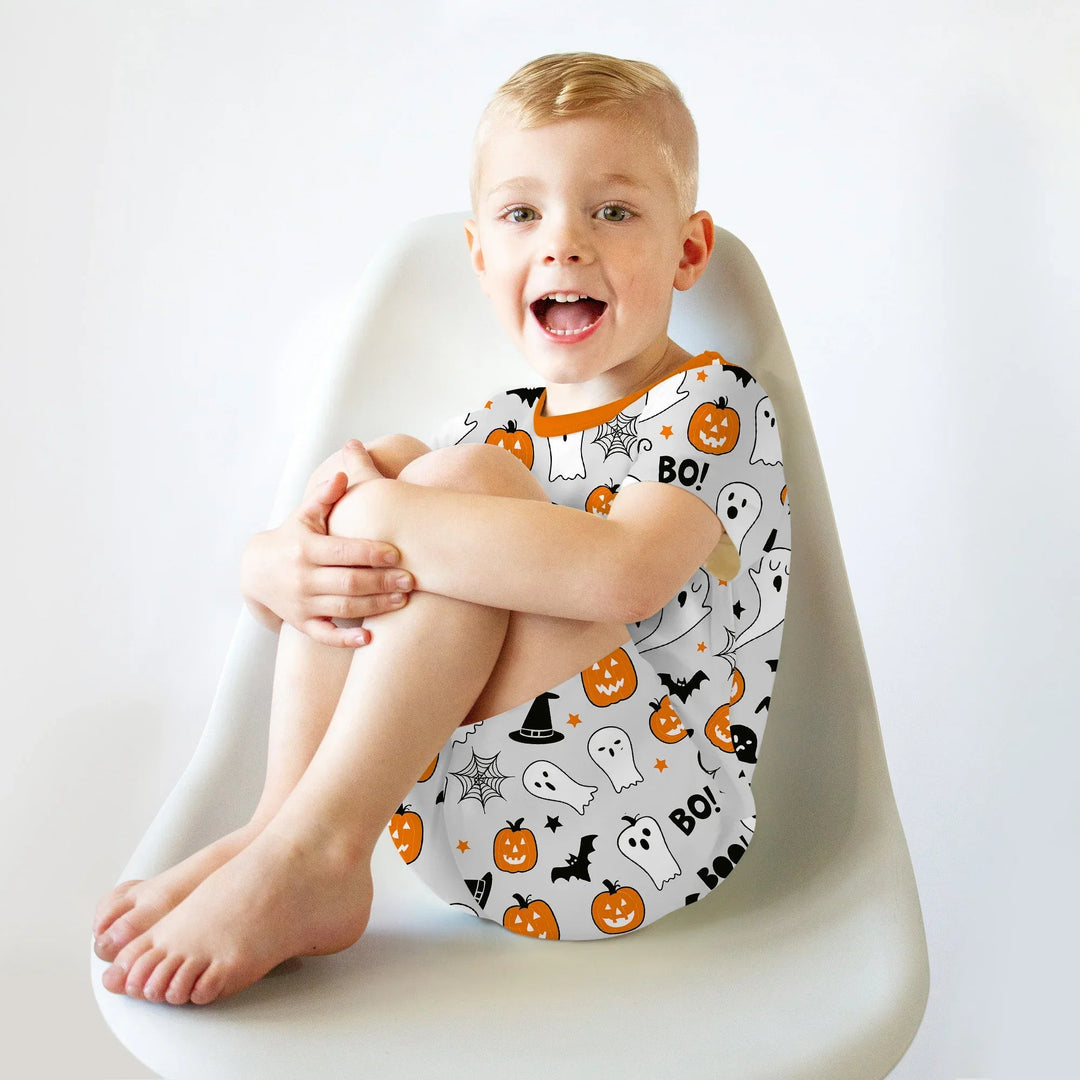 Halloween Boo & Pumpkin Two Piece Short Sleeve Shorts Pajama Set - Zumbamboo