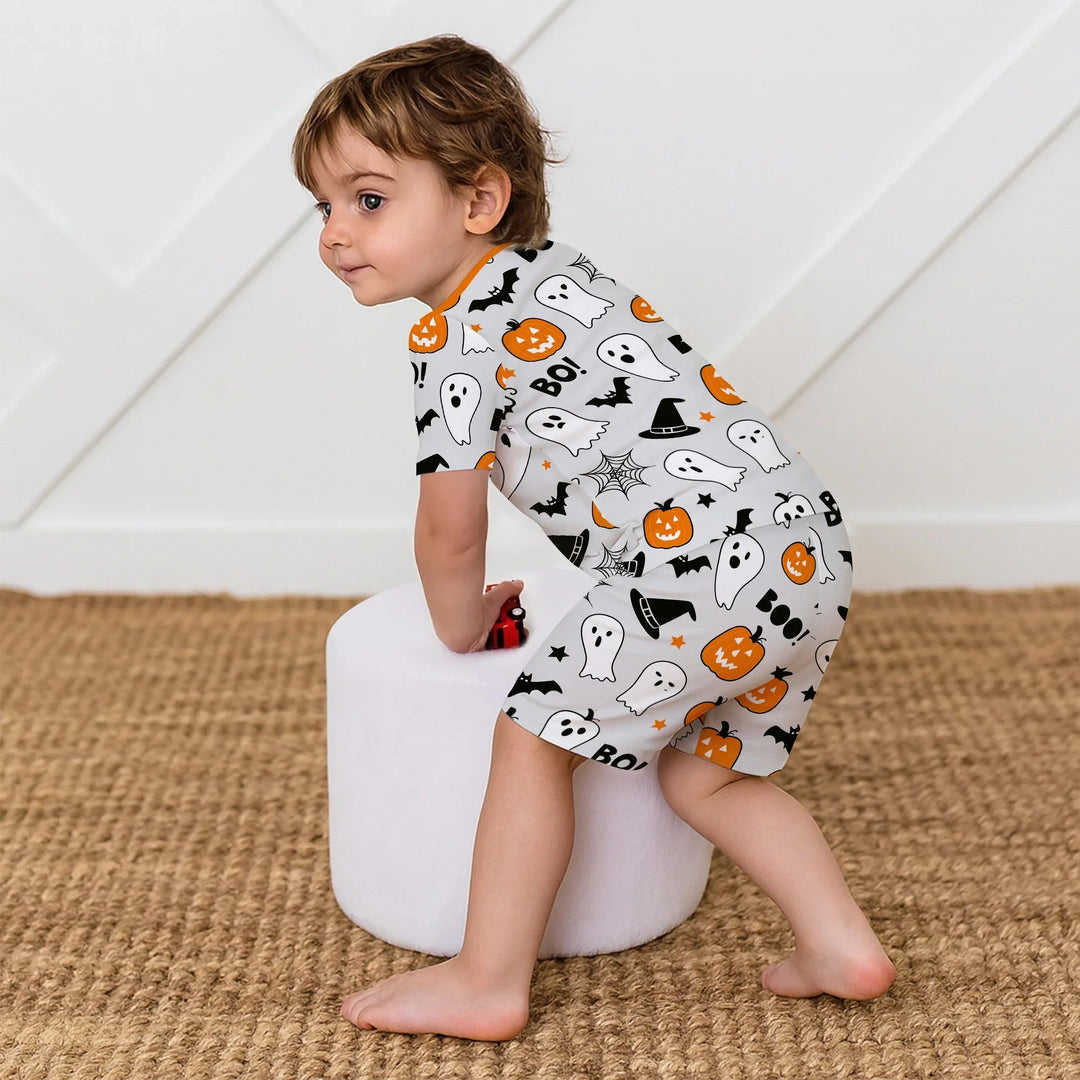 Halloween Boo & Pumpkin Two Piece Short Sleeve Shorts Pajama Set - Zumbamboo