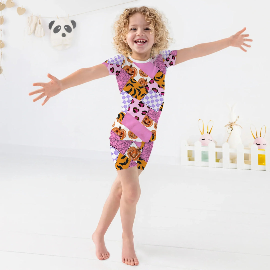 Halloween Patchwork Two Piece Short Sleeve Shorts Pajama Set - Zumbamboo