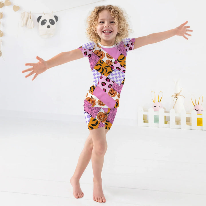 Halloween Patchwork Two Piece Short Sleeve Shorts Pajama Set - Zumbamboo