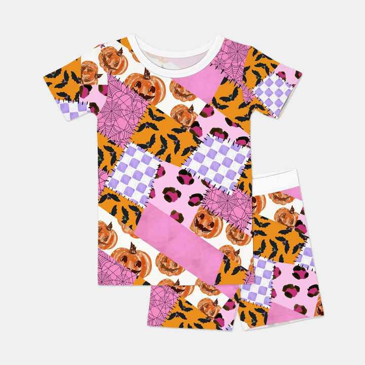 Halloween Patchwork Two Piece Short Sleeve Shorts Pajama Set - Zumbamboo