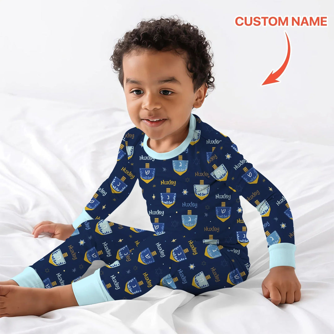 Hanukkah Dreidels Two Piece Long Sleeve Pajama Set - Zumbamboo