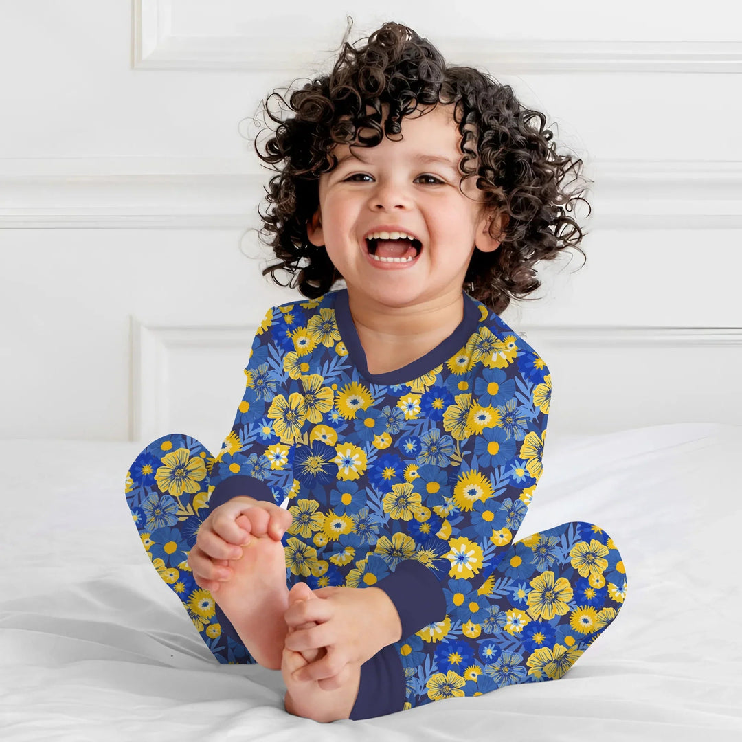 Hanukkah Little Flowers Girl Two Piece Long Sleeve Pajama Set - Zumbamboo