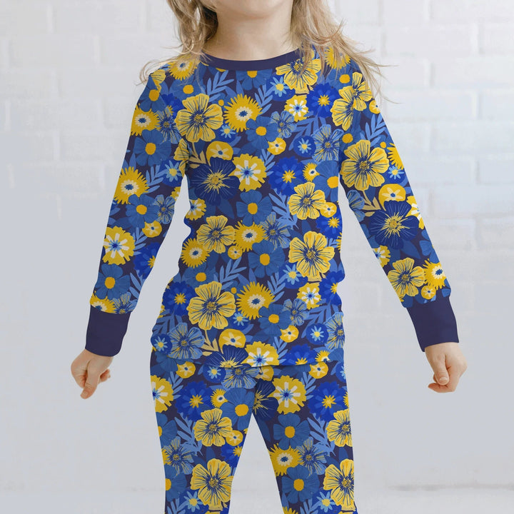 Hanukkah Little Flowers Girl Two Piece Long Sleeve Pajama Set - Zumbamboo