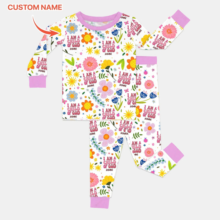 I Am A Child Of God Custom Name Girl Two Piece Long Sleeve Pajama Set - Zumbamboo
