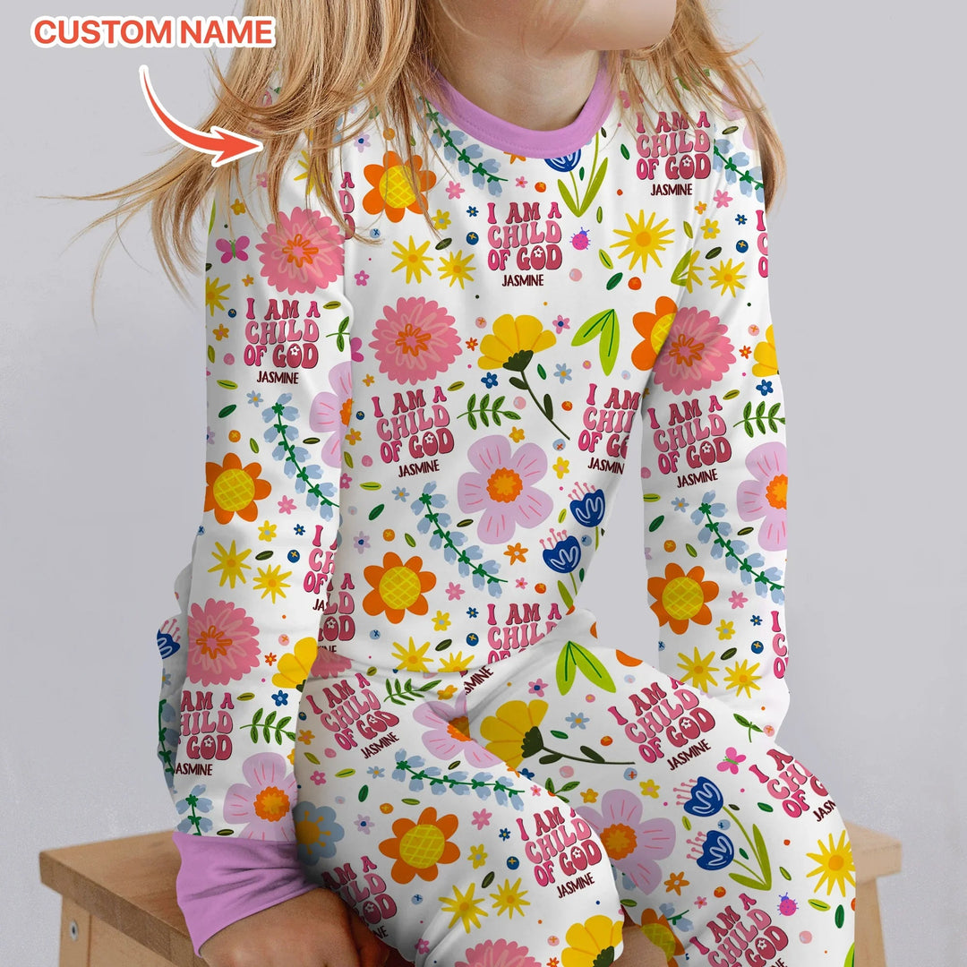 I Am A Child Of God Custom Name Girl Two Piece Long Sleeve Pajama Set - Zumbamboo