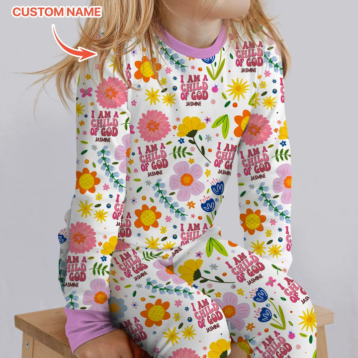 I Am A Child Of God Custom Name Girl Two Piece Long Sleeve Pajama Set - Zumbamboo