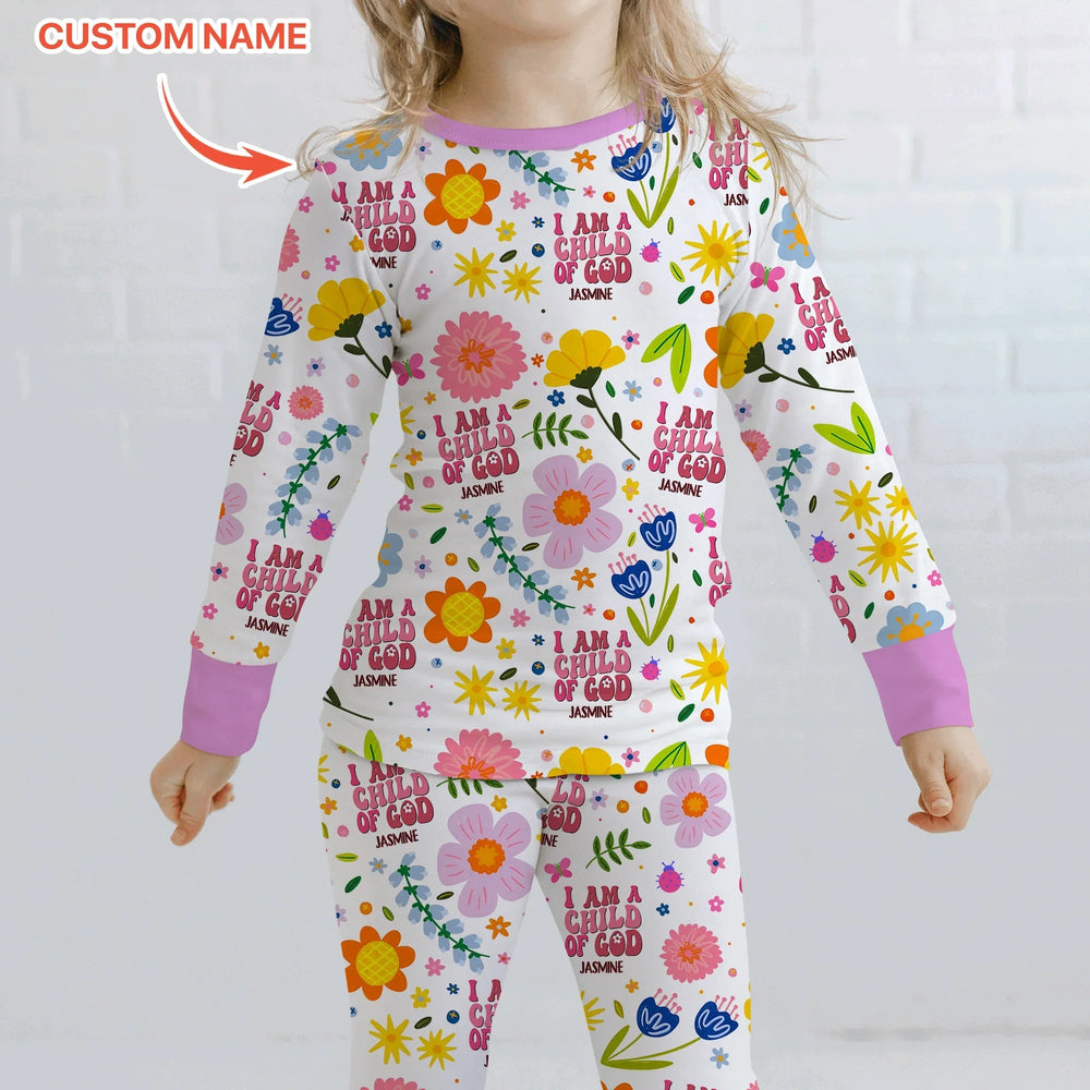 I Am A Child Of God Custom Name Girl Two Piece Long Sleeve Pajama Set - Zumbamboo