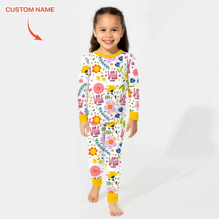 I Am A Child Of God Custom Name Girl Two Piece Long Sleeve Pajama Set - Zumbamboo