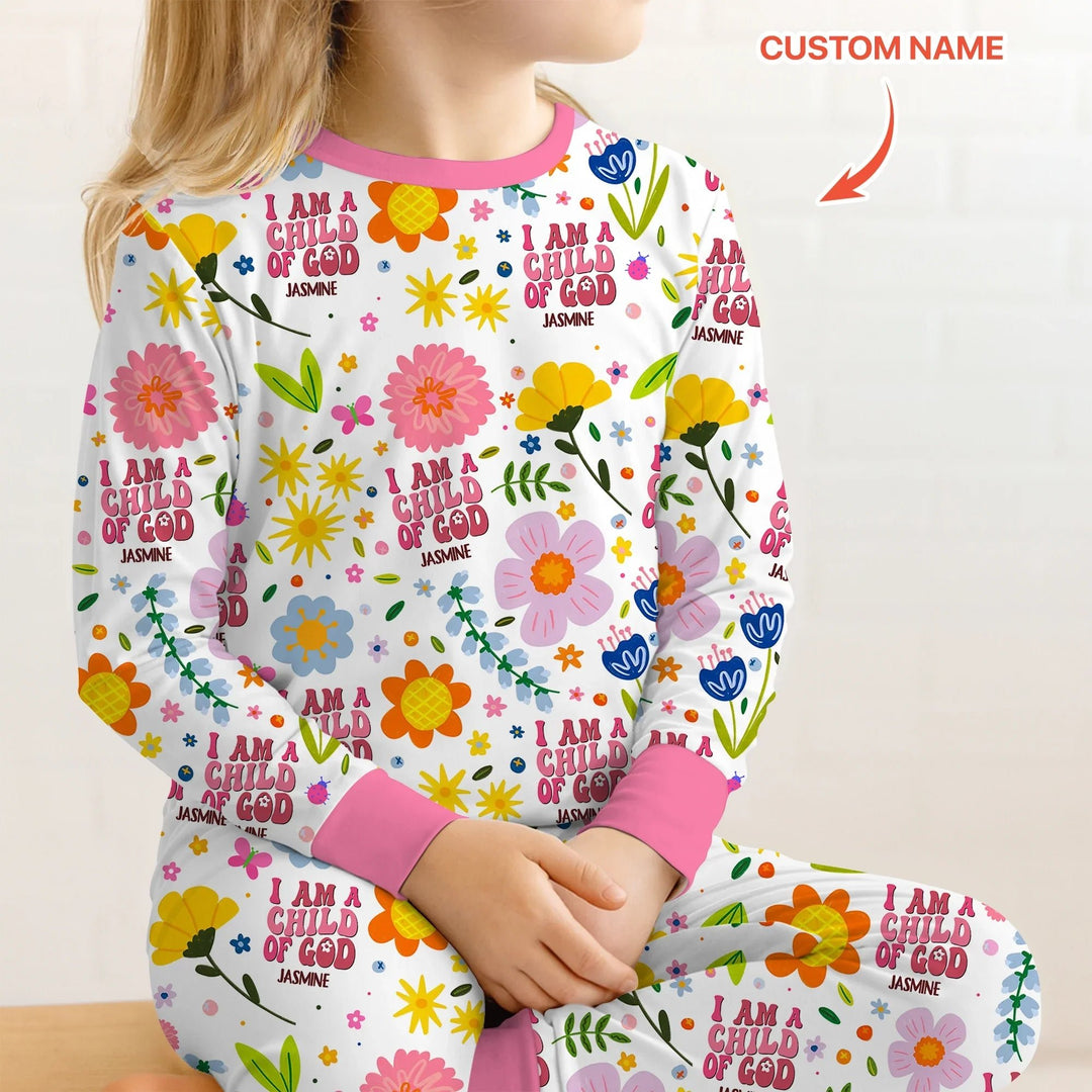 I Am A Child Of God Custom Name Girl Two Piece Long Sleeve Pajama Set - Zumbamboo