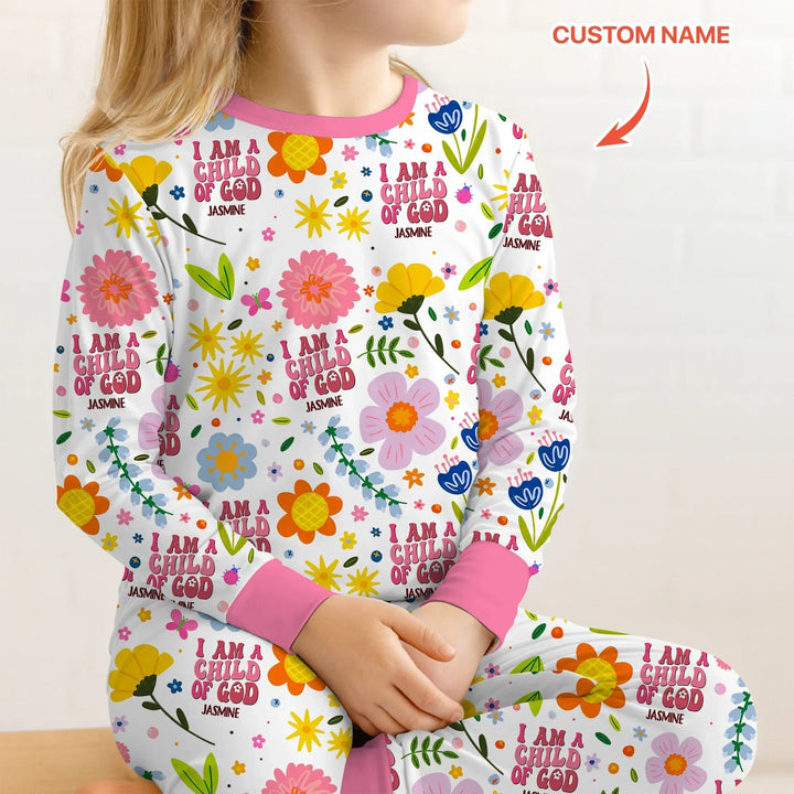 I Am A Child Of God Custom Name Girl Two Piece Long Sleeve Pajama Set - Zumbamboo