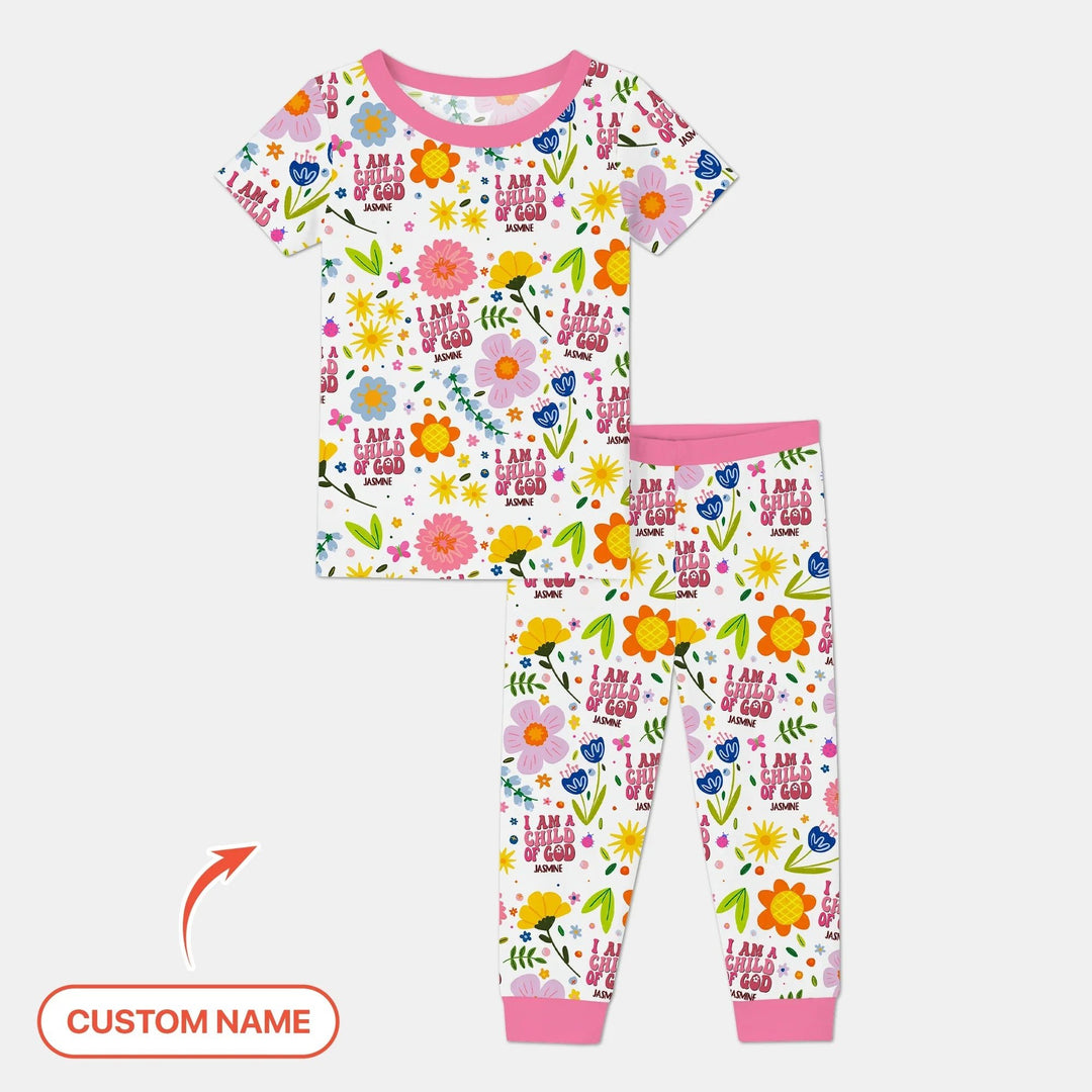 I Am A Child Of God Custom Name Girl Two Piece Short Sleeve Pajama Set - Zumbamboo