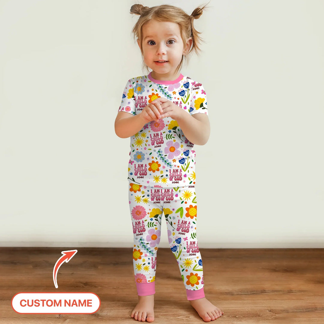 I Am A Child Of God Custom Name Girl Two Piece Short Sleeve Pajama Set - Zumbamboo