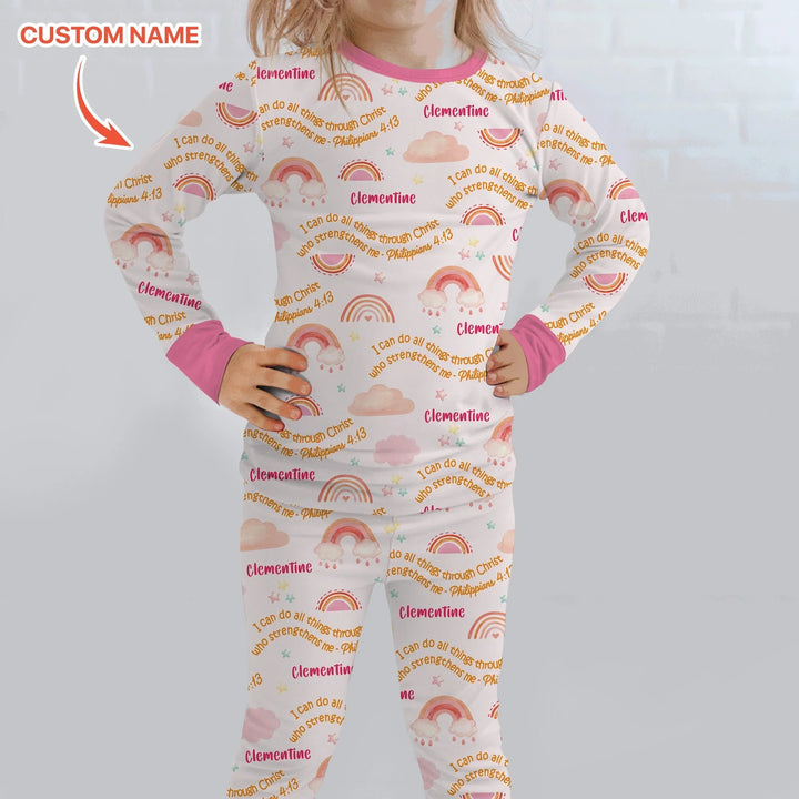 I Can Do All Things Through Christ Custom Name Two Piece Long Sleeve Pajama Set , I Can Do All Things Through Christ Custom Name Two Piece Long Sleeve Pajama Set - 12-18M