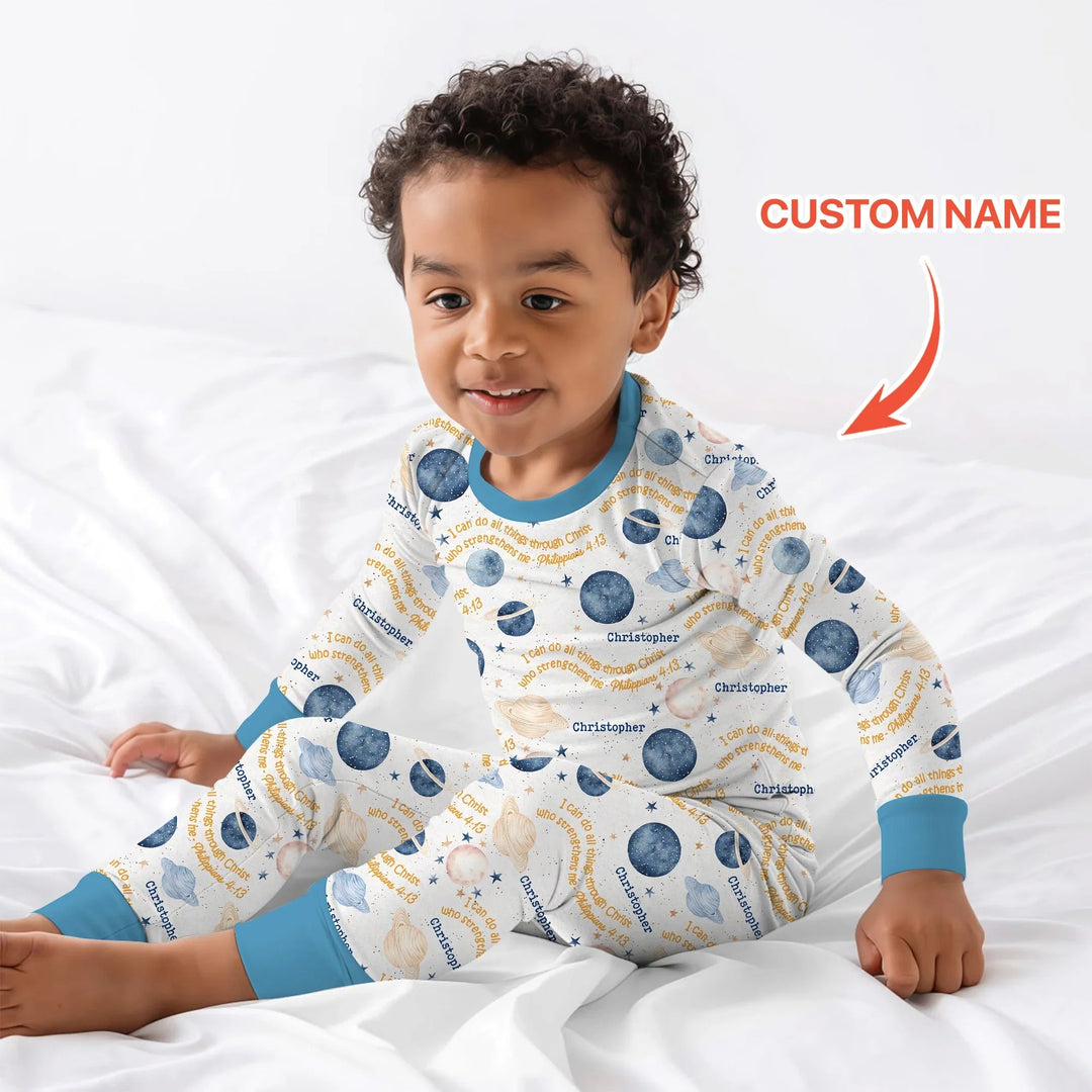 I Can Do All Things Through Christ Custom Name Two Piece Long Sleeve Pajama Set , I Can Do All Things Through Christ Custom Name Two Piece Long Sleeve Pajama Set - 12-18M