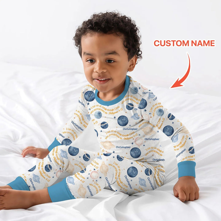 I Can Do All Things Through Christ Custom Name Two Piece Long Sleeve Pajama Set , I Can Do All Things Through Christ Custom Name Two Piece Long Sleeve Pajama Set - 12-18M