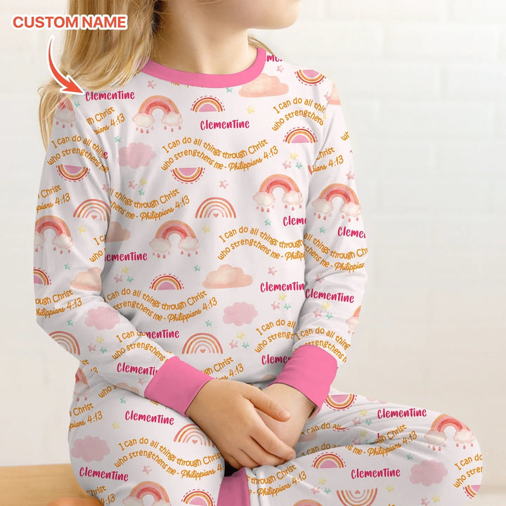 I Can Do All Things Through Christ Custom Name Two Piece Long Sleeve Pajama Set , I Can Do All Things Through Christ Custom Name Two Piece Long Sleeve Pajama Set - 12-18M