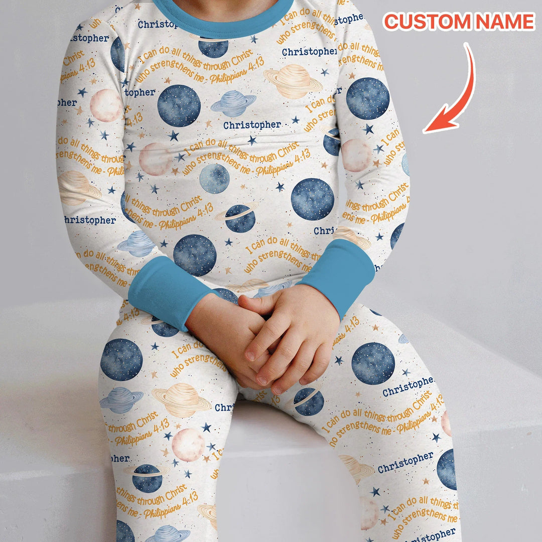 I Can Do All Things Through Christ Custom Name Two Piece Long Sleeve Pajama Set - Zumbamboo