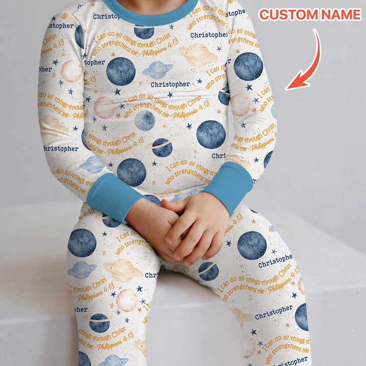 I Can Do All Things Through Christ Custom Name Two Piece Long Sleeve Pajama Set , I Can Do All Things Through Christ Custom Name Two Piece Long Sleeve Pajama Set - 12-18M