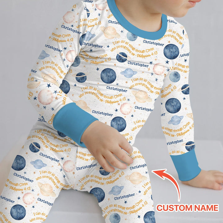I Can Do All Things Through Christ Custom Name Two Piece Long Sleeve Pajama Set , I Can Do All Things Through Christ Custom Name Two Piece Long Sleeve Pajama Set - 12-18M