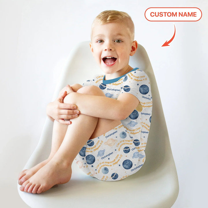 I Can Do All Things Through Christ Custom Name Two Piece Short Sleeve Shorts Pajama Set , I Can Do All Things Through Christ Custom Name Two Piece Short Sleeve Shorts Pajama Set - 12-18M