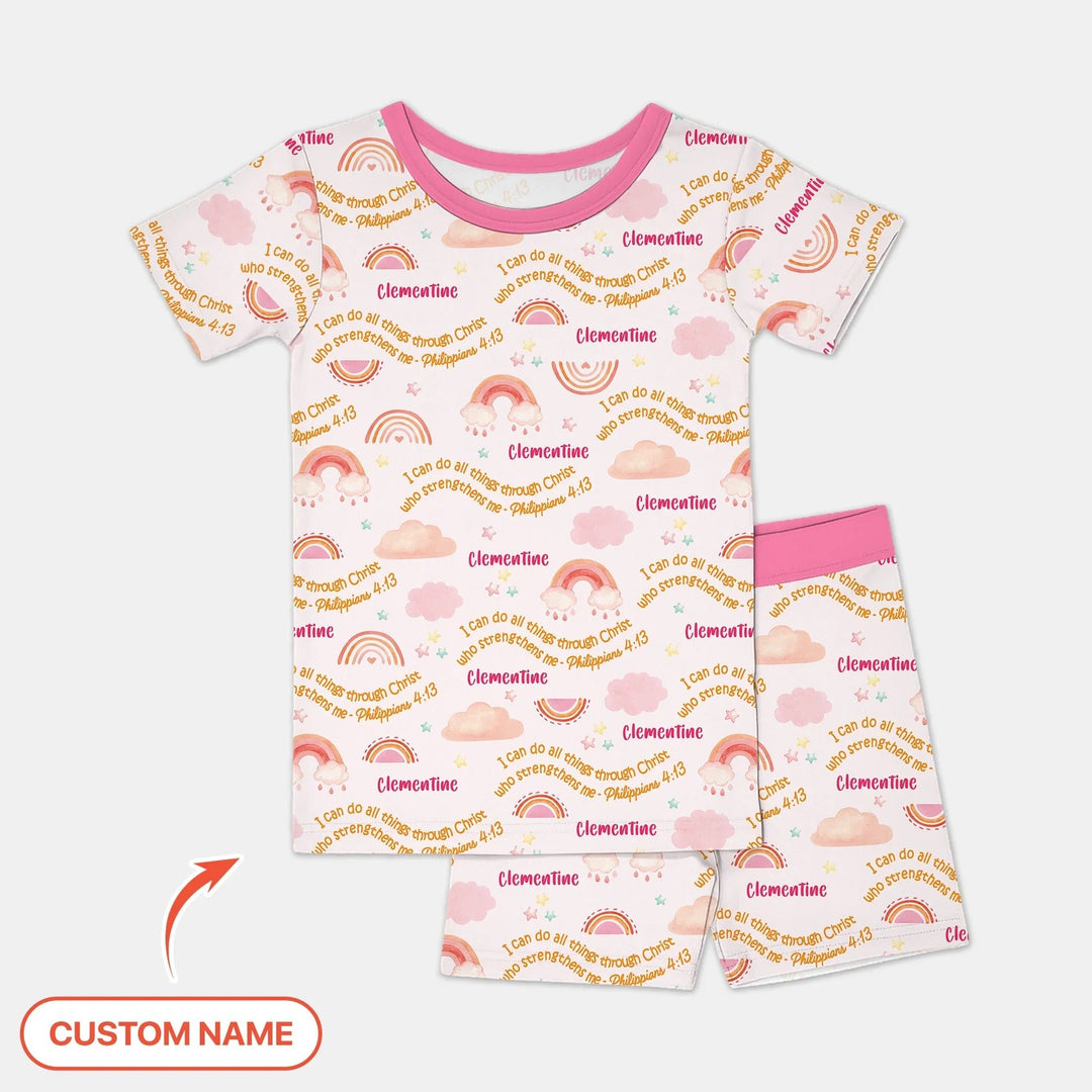 I Can Do All Things Through Christ Custom Name Two Piece Short Sleeve Shorts Pajama Set , I Can Do All Things Through Christ Custom Name Two Piece Short Sleeve Shorts Pajama Set - 12-18M