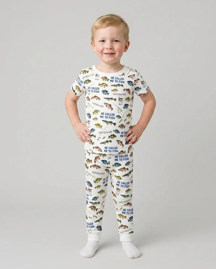 Él me llamó para pescar Pijama de dos piezas de bambú de manga corta a juego para papá y para mí