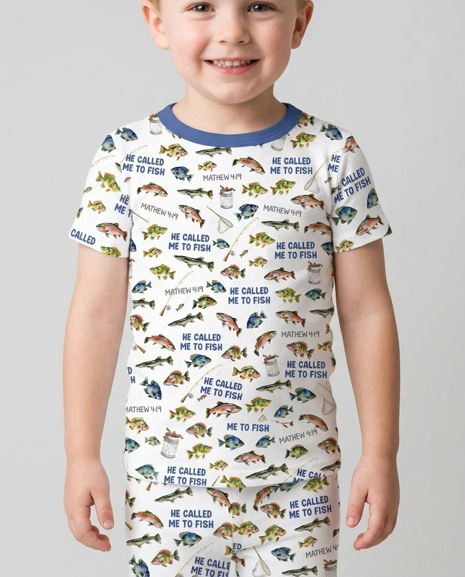 Él me llamó para pescar Pijama de dos piezas de bambú de manga corta a juego para papá y para mí