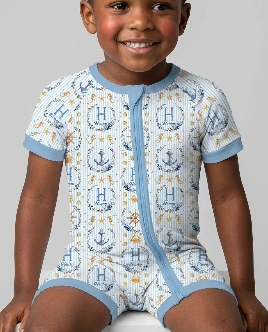 Bon Voyage - Pijama corto de bambú con cremallera y nombre personalizado