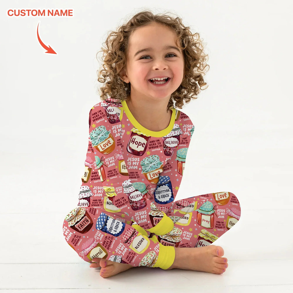 Jesus Is My Jam Custom Name Two Piece Long Sleeve Pajama Set - Zumbamboo