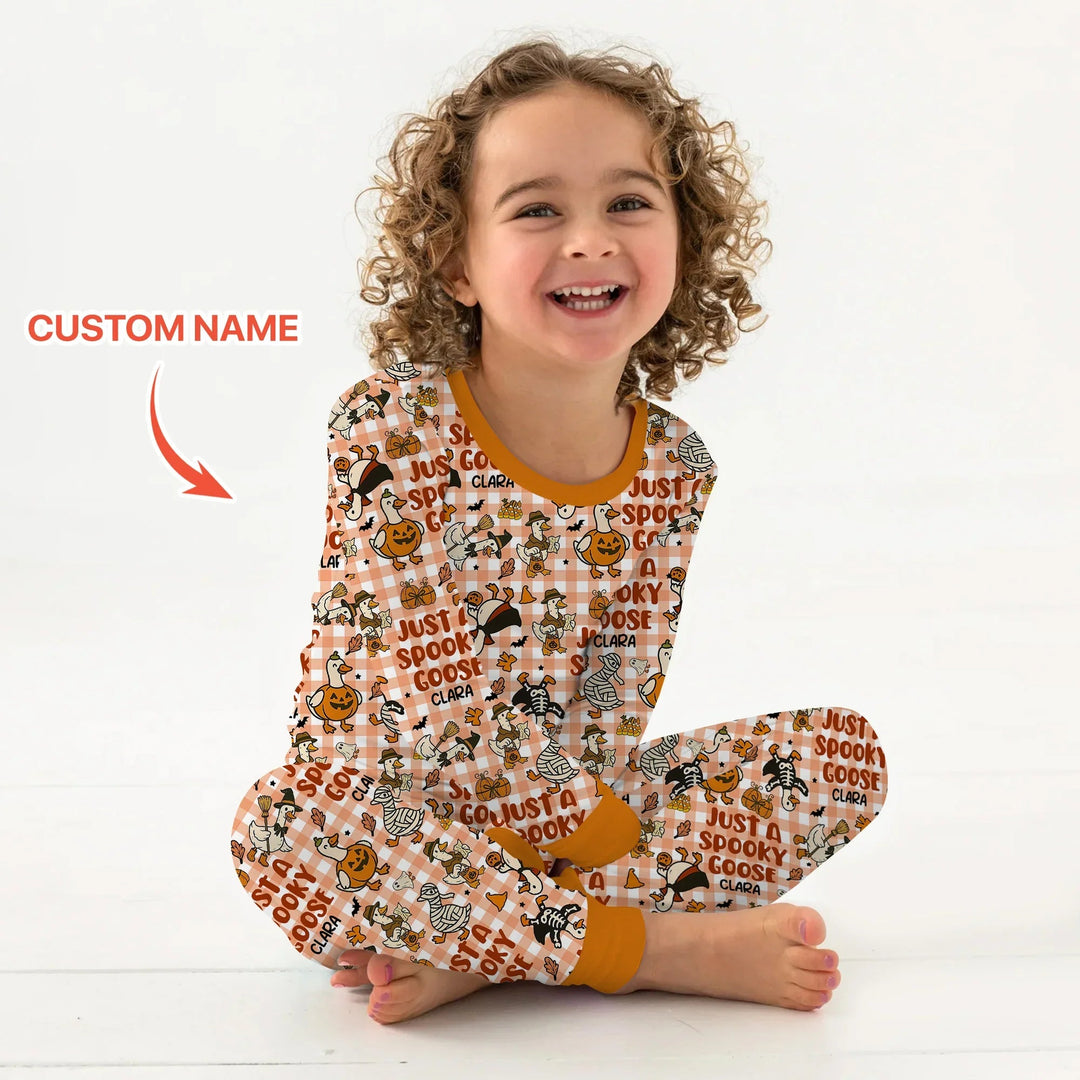 Just A Spooky Goose Custom Name Girl Version Long Sleeve Pajama Set - Zumbamboo